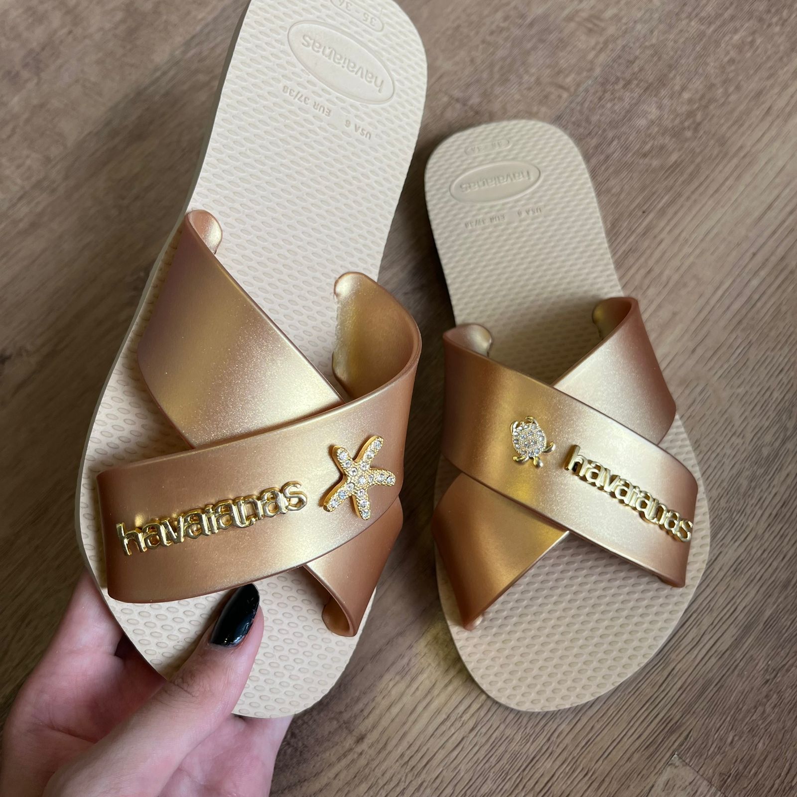 Havaianas Rasteirinha Aqua Metallic + Placa Logo + Pin Estrela e Tartaruga
