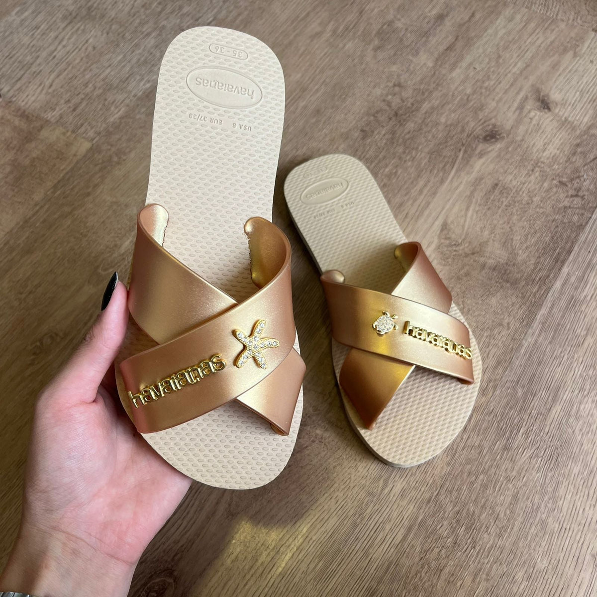 Havaianas Rasteirinha Aqua Metallic + Placa Logo + Pin Estrela e Tartaruga